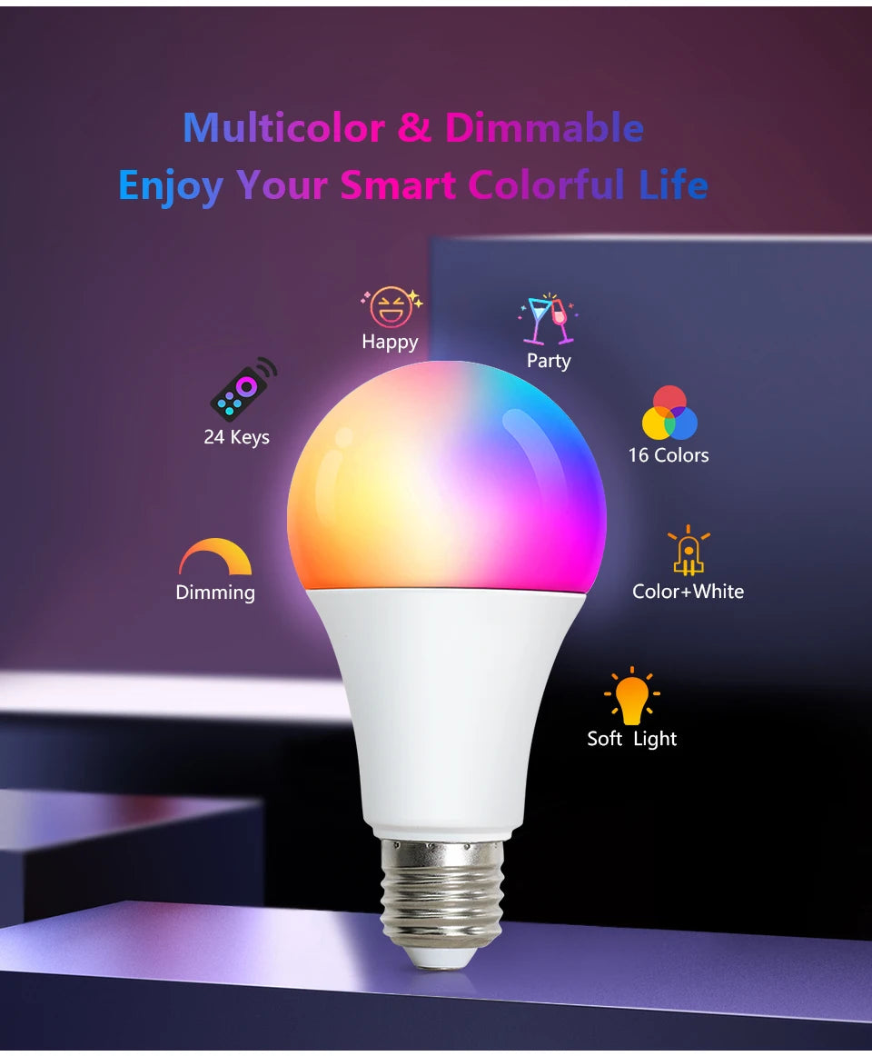 16 Colors RGB Bulb LED Multicolor Bulb E27 Base 220V Household Lighting Dimmable 24 Key Remote Control Atmosphere Neon Light