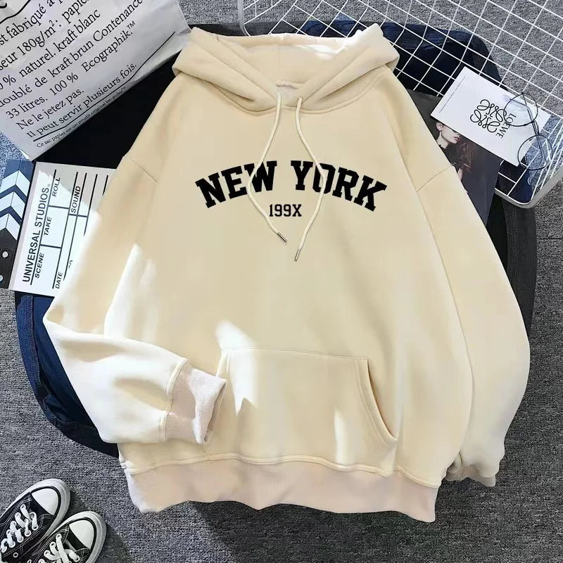 Hoodie Europe and America Sweatshirts for Women New York Letter y2k Autumn Winter Oversized Plus Velvet Casual Loose Fleece Tops