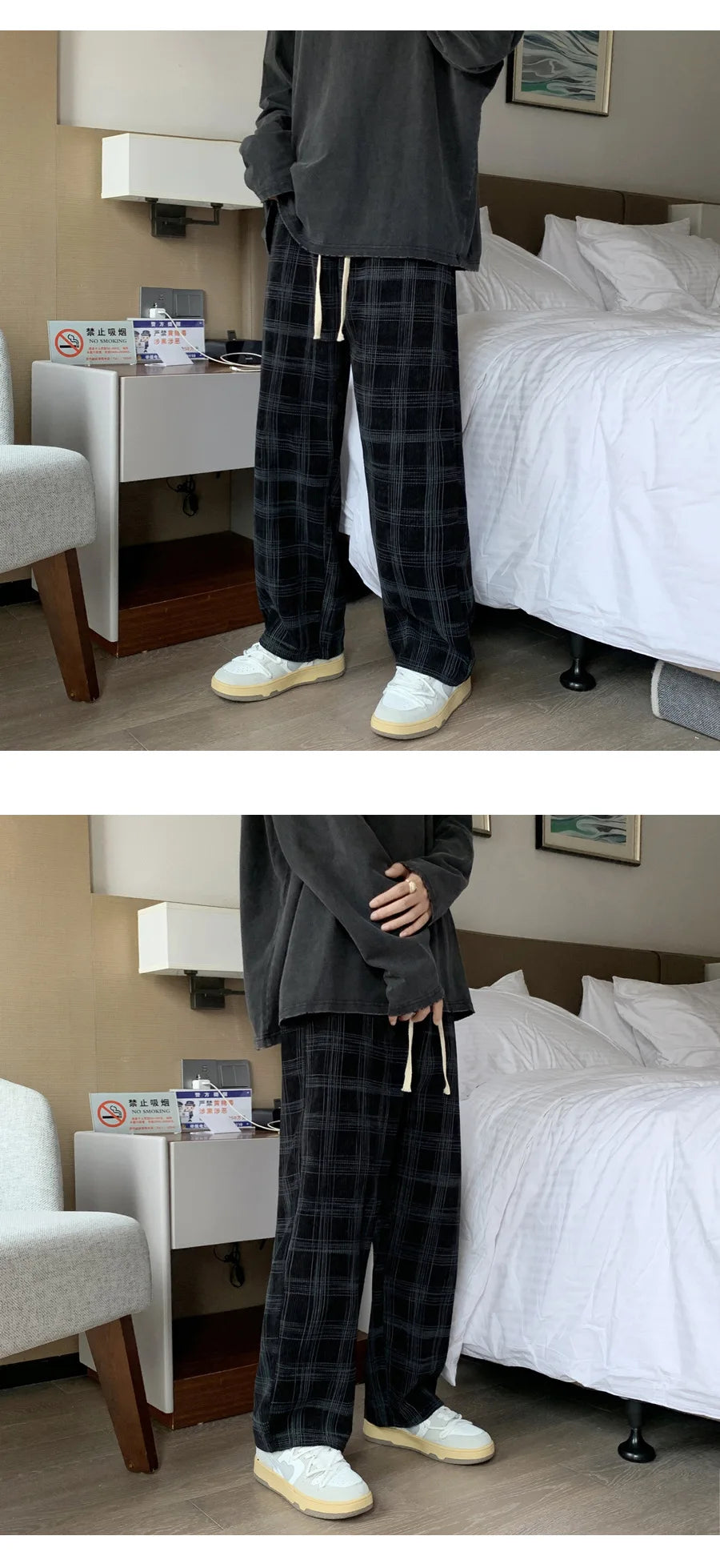 Men Checkered Casual Pants Loose Straight Corduroy Pants Sweatpants Man Fashion Streetwear 2023 Spring New Hip Hop Trousers