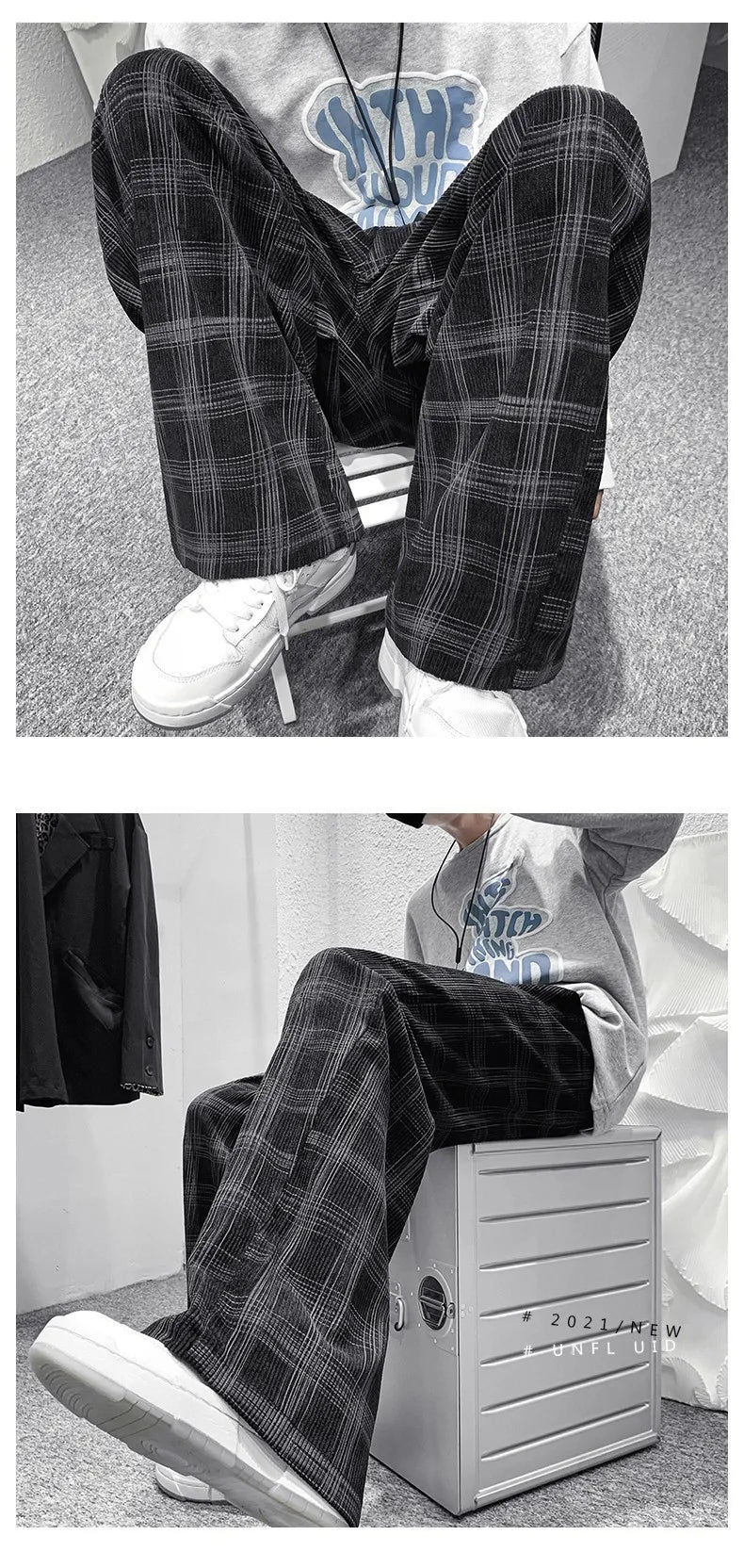 Men Checkered Casual Pants Loose Straight Corduroy Pants Sweatpants Man Fashion Streetwear 2023 Spring New Hip Hop Trousers