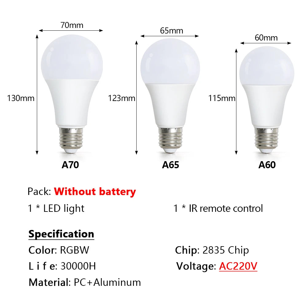 16 Colors RGB Bulb LED Multicolor Bulb E27 Base 220V Household Lighting Dimmable 24 Key Remote Control Atmosphere Neon Light