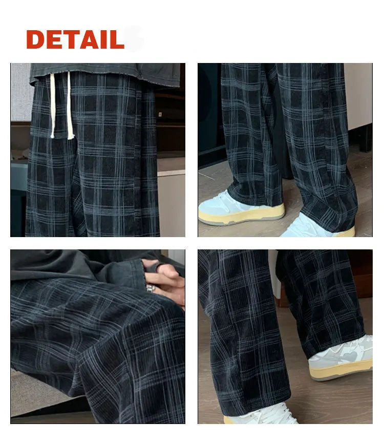 Men Checkered Casual Pants Loose Straight Corduroy Pants Sweatpants Man Fashion Streetwear 2023 Spring New Hip Hop Trousers