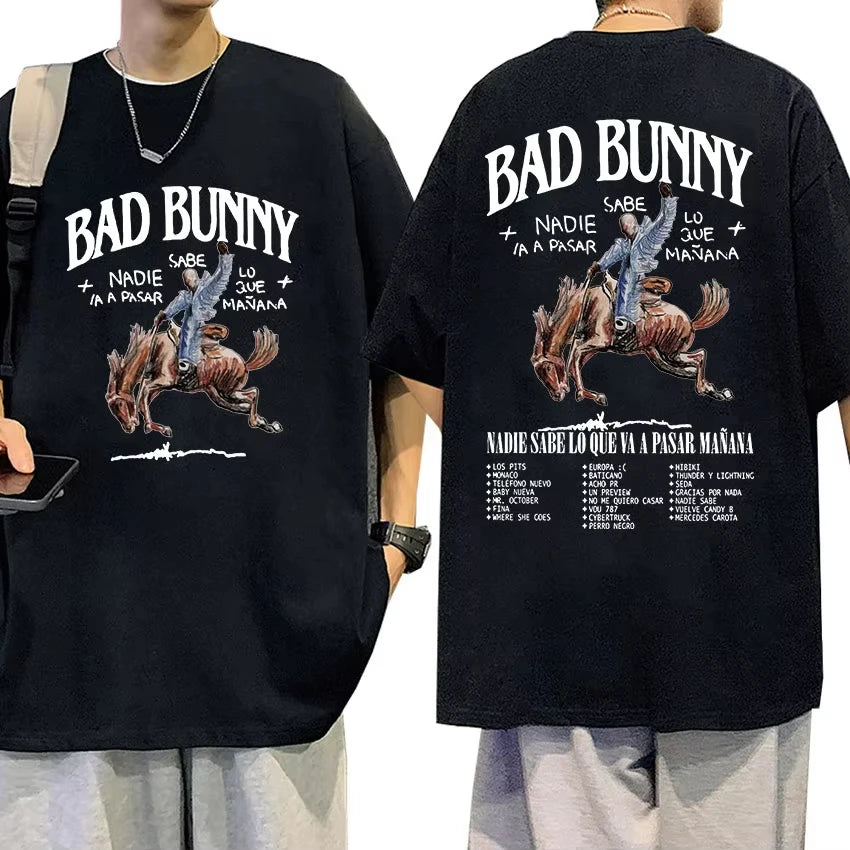 Bad Bunny Most Wanted Tour T Shirts Nadie Sabe Lo Que Va Pasar Manana Hip Hop Clothing T-shirt Men Vintage Oversized Cotton Tees