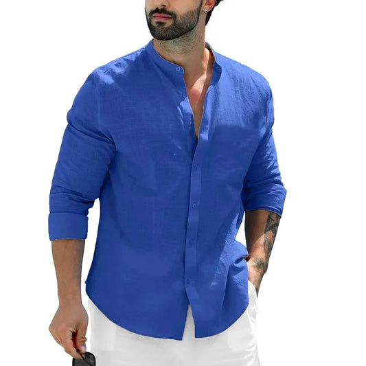 Men's Long Sleeve Linen Solid Color Shirt Button-up Shirts Trend Loose Stand Collar Casual Cotton Tops Hawaiian Shirt