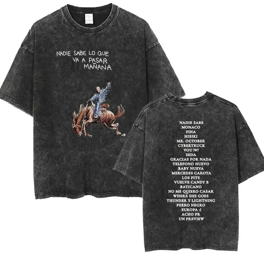Bad Bunny Most Wanted Tour T Shirt Nadie Sabe Lo Que Va Pasar Manana Vintage Washed T-shirt Men Women Hip Hop Fashion Oversized