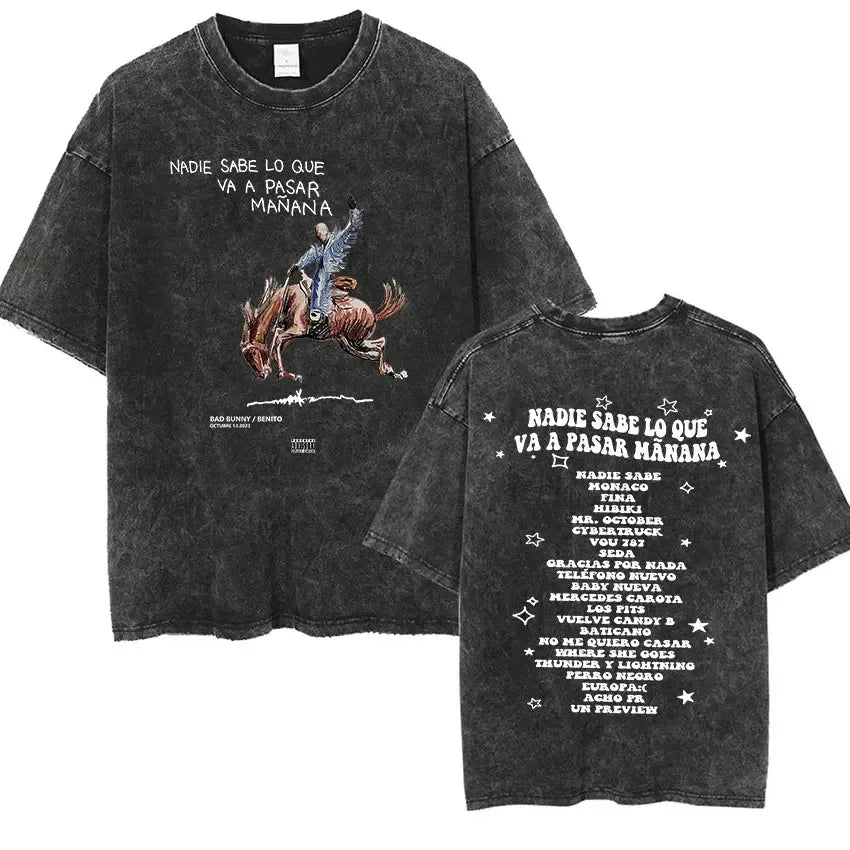 Bad Bunny Most Wanted Tour T Shirt Nadie Sabe Lo Que Va Pasar Manana Vintage Washed T-shirt Men Women Hip Hop Fashion Oversized